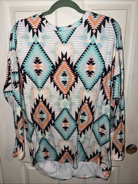 Avery Aztec Geometric Long Sleeve Top in Mint, Peach & Black